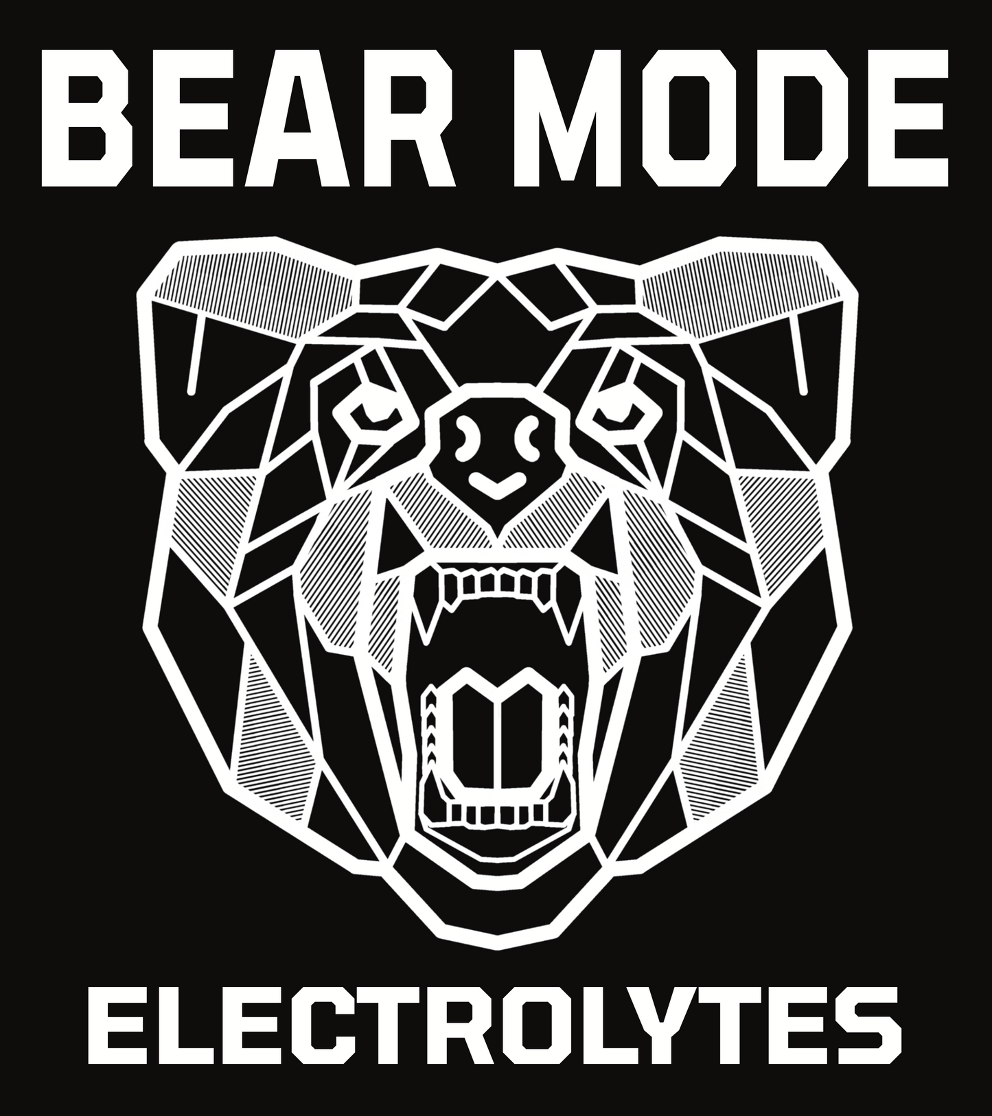 A logo depicting a geometric-style bear's face with the text 'BEAR MODE ELECTROLYTES'.